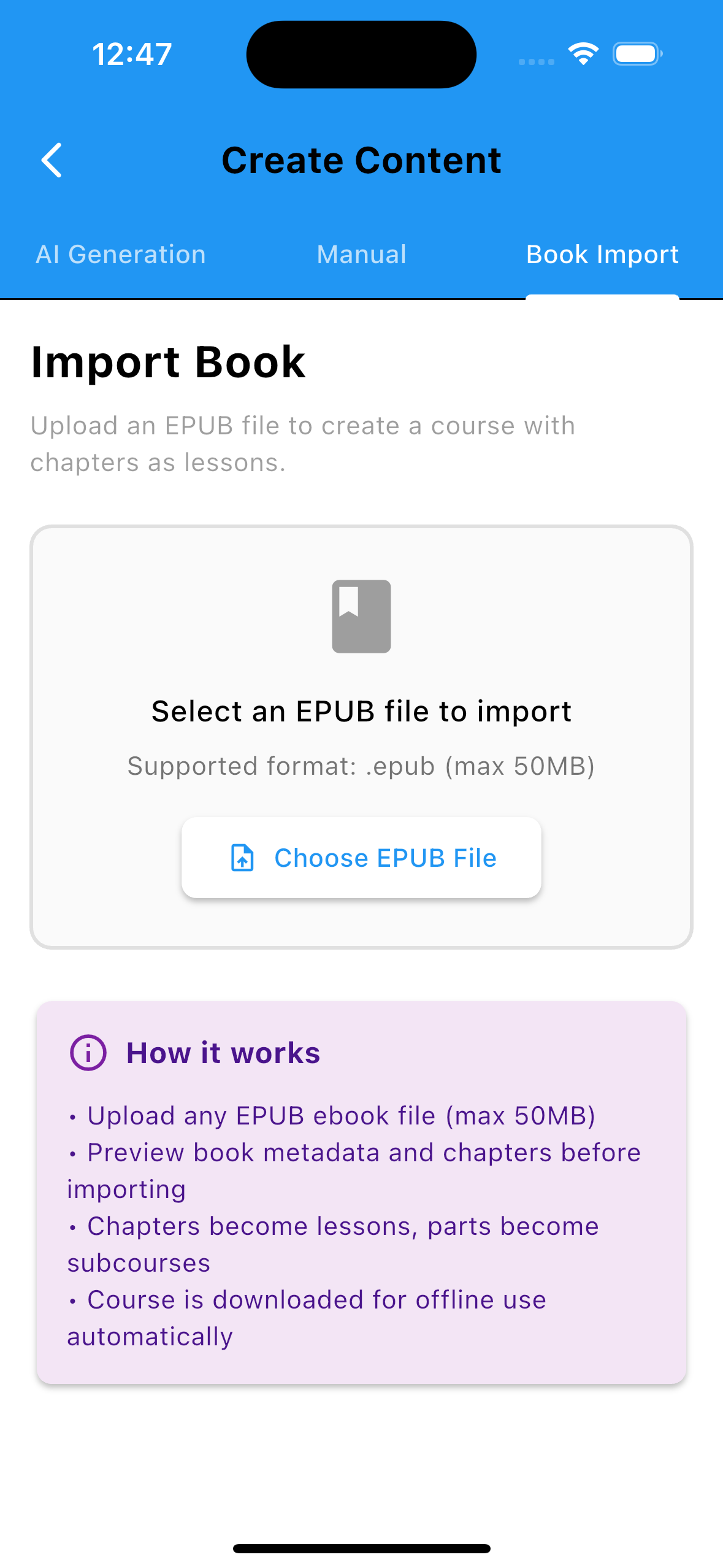 Import screen for YouTube, articles, or EPUBs